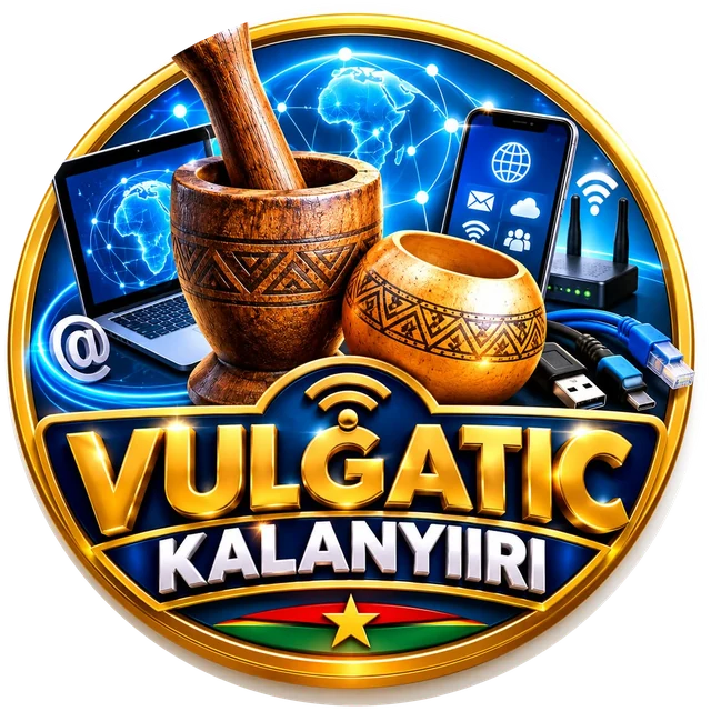 Logo Vulgatic Kalanyiiri : un mortier et une calebasse traditionnels devant un réseau mondial, un ordinateur, un téléphone et un routeur